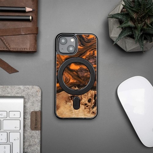 Wood and Resin Case for iPhone 13 Mini MagSafe Bewood Unique Orange - Orange and Black image 3