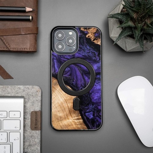 Wood and Resin Case for iPhone 13 Pro Max MagSafe Bewood Unique Violet - Purple and Black image 3