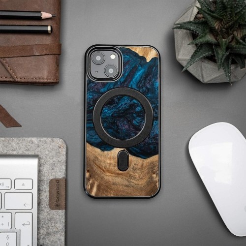 Wood and Resin Case for iPhone 13 MagSafe Bewood Unique Neptune - Navy and Black image 3