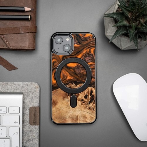 Wood and Resin Case for iPhone 14 MagSafe Bewood Unique Orange - Orange and Black image 3