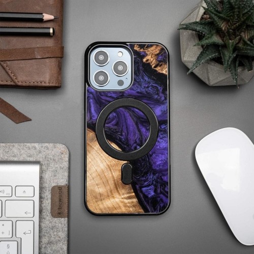 Wood and Resin Case for iPhone 14 Pro Max MagSafe Bewood Unique Violet - Purple and Black image 3