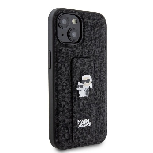 Karl Lagerfeld Saffiano Grip Stand Metal Logo Case for iPhone 15 Black image 3
