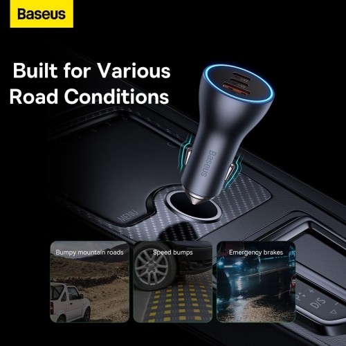 OEM Baseus Golden Contactor Pro car charger, 2x USB-C, 1x USB, 65W (gray) image 3