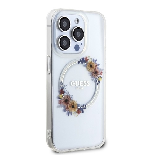 Guess PC|TPU Flowers Ring Glossy Logo MagSafe Case for iPhone 15 Pro Transparent image 3