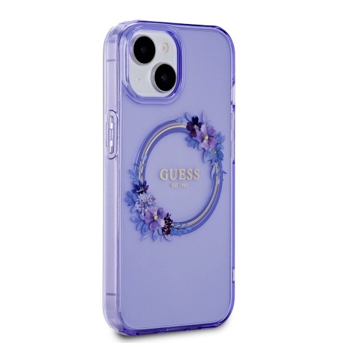 Guess PC|TPU Flowers Ring Glossy Logo MagSafe Case for iPhone 15 Purple image 3
