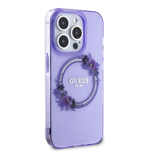 Guess PC|TPU Flowers Ring Glossy Logo MagSafe Case for iPhone 15 Pro Max Purple image 3