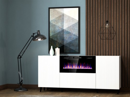 Cama Meble PAFOS chest of drawers with electric fireplace 180x42x82 cm white matt image 3
