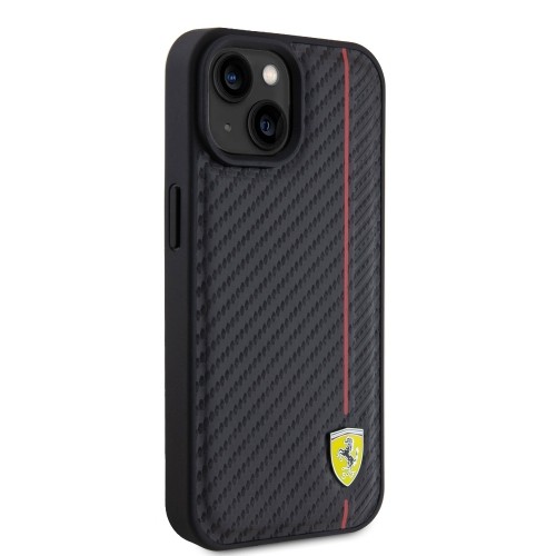 Ferrari PU Leather Carbon Vertical Red Line Case for iPhone 15 Black image 3