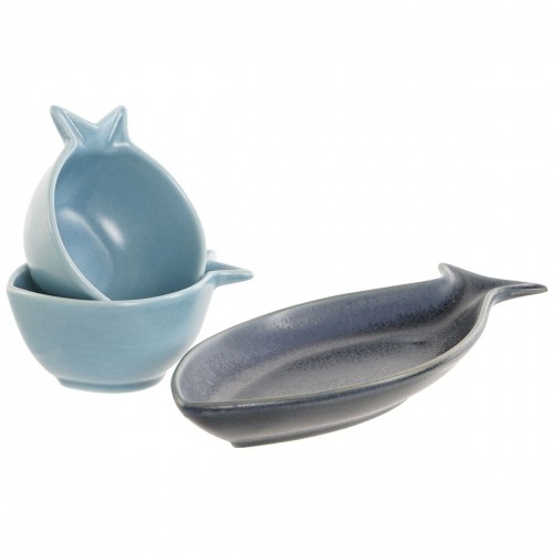 Appetizer Set Home ESPRIT Blue Sky blue Porcelain Acacia Mediterranean Fish 19,5 x 16,5 x 1,3 cm 4 Pieces image 3