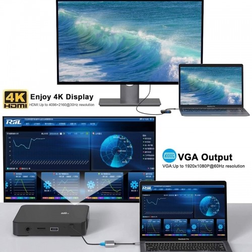 iLike HD4 2in1 Video Adapter - Pārveidotājs no USB-C uz Hdmi 4K 30Hz / VGA monitors Sudraba (OEM) image 3