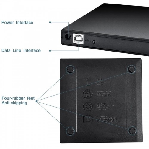 CP RW1 Plāns Ārējais USB 2.0 CD / DVD Rom Disku Lasītājs ar USB Vada barošanu Melns image 3