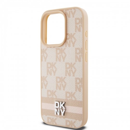 DKNY PU Leather Checkered Pattern and Stripe Case for iPhone 15 Pro Pink image 3