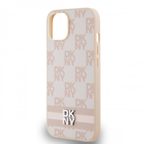 DKNY PU Leather Checkered Pattern and Stripe Case for iPhone 15 Pink image 3