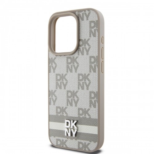 DKNY PU Leather Checkered Pattern and Stripe Case for iPhone 15 Pro Max Beige image 3