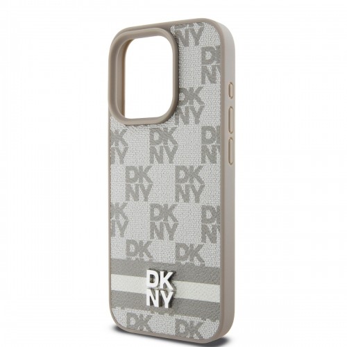 DKNY PU Leather Checkered Pattern and Stripe Case for iPhone 15 Pro Beige image 3