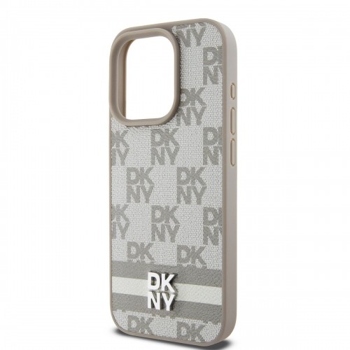 DKNY PU Leather Checkered Pattern and Stripe Case for iPhone 14 Pro Beige image 3