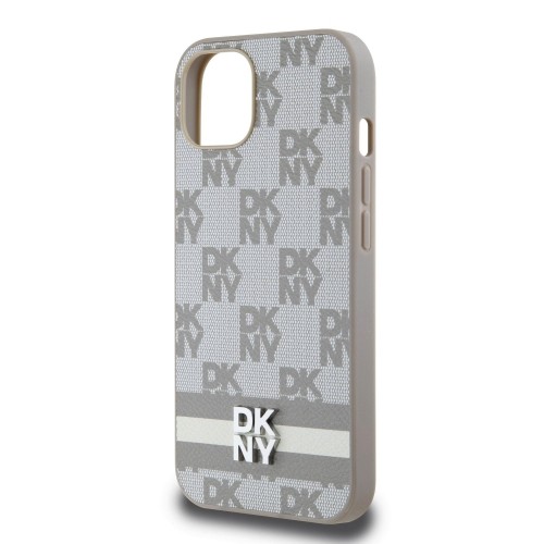 DKNY PU Leather Checkered Pattern and Stripe Case for iPhone 13 Beige image 3