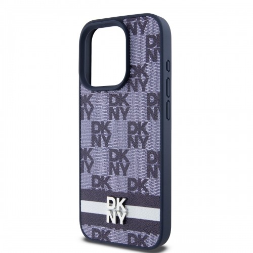 DKNY PU Leather Checkered Pattern and Stripe Case for iPhone 15 Pro Max Blue image 3