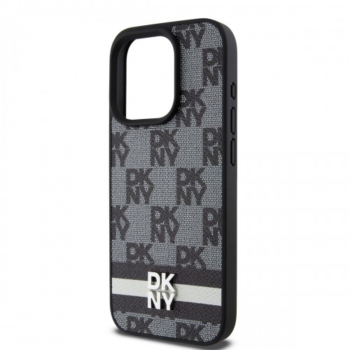 DKNY PU Leather Checkered Pattern and Stripe Case for iPhone 15 Pro Max Black image 3