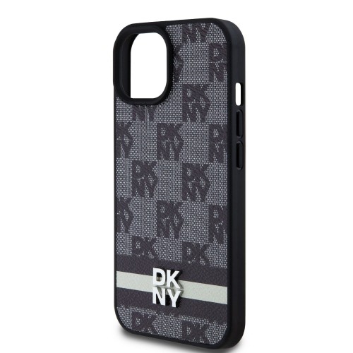 DKNY PU Leather Checkered Pattern and Stripe Case for iPhone 15 Black image 3