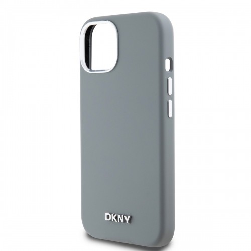 DKNY Liquid Silicone Silver Metal Logo MagSafe Case for iPhone 15 Grey image 3