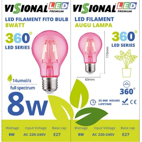 Visional Visonal 8W Filament Fito Led Lampa - Spuldze A60 E27 14 µmol/s (pilna spektra) priekš perfektas augu audzēšanas image 3