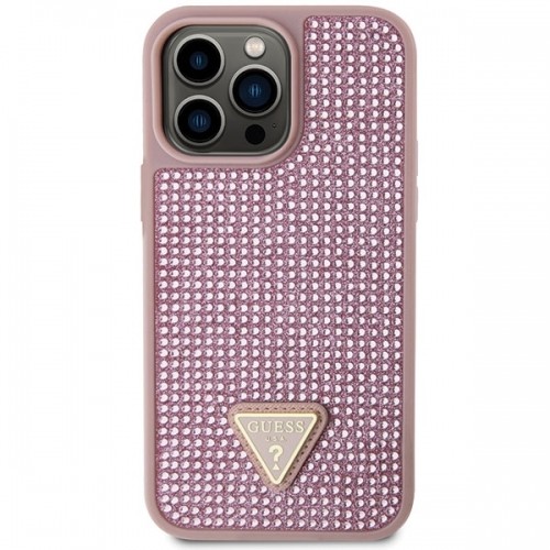 Guess Rhinestones Triangle Metal Logo Case for iPhone 14 Pro Max Pink image 3