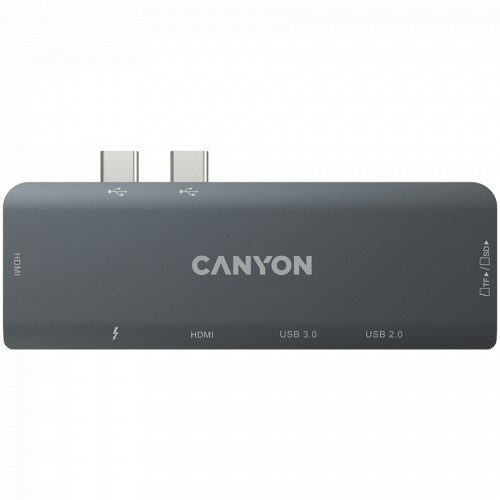 Canyon DS-05B Multiport Docking Station with 7 port, 1*Type C PD100W+2*HDMI+1*USB3.0+1*USB2.0+1*SD+1*TF. Input 100-240V, Output USB-C PD100W&USB-A 5V/1A, Aluminum alloy, Space gray, 104*42*11mm, 0.046kg(Generation B) image 4