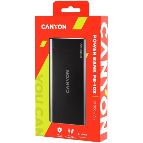 CANYON PB-108 Power bank 10000mAh Li-poly battery, Input 5V/2A, Output 5V/2.1A(Max), 140*68*16mm, 0.230Kg, Black image 4