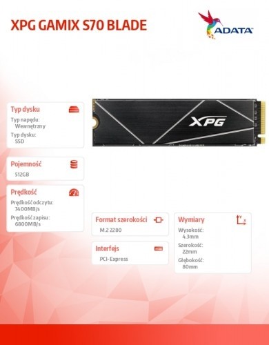 Adata SSD XPG GAMIX S70 BLADE 512 PCIe 4x4 7.4/2.6 GBs image 4