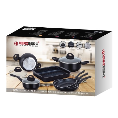 Herzberg Cooking Herzberg 10 Pieces Marble Coated Cookware Set - Black image 4