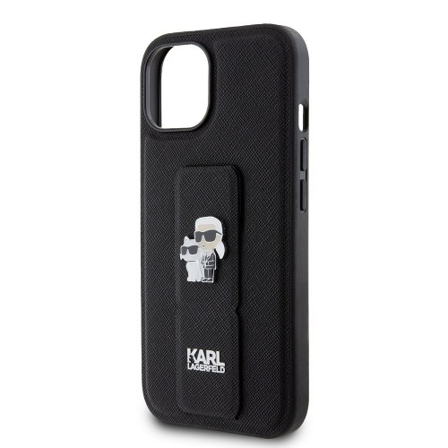 Karl Lagerfeld Saffiano Grip Stand Metal Logo Case for iPhone 15 Black image 4