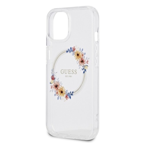 Guess PC|TPU Flowers Ring Glossy Logo MagSafe Case for iPhone 15 Plus Transparent image 4