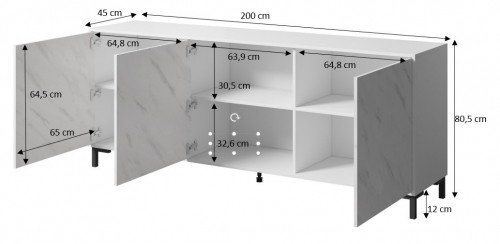 Cama Meble MARMO 3D chest of drawers 200x45x80,5 cm white matt/marble white image 4