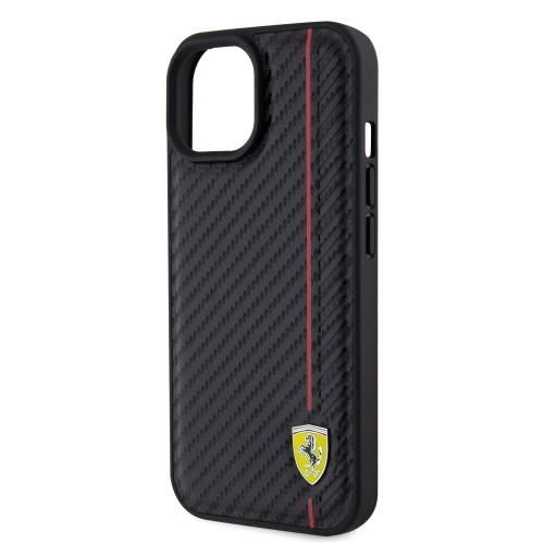 Ferrari PU Leather Carbon Vertical Red Line Case for iPhone 15 Black image 4