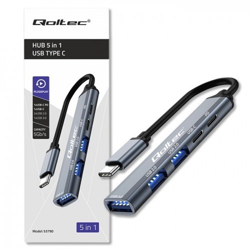 Qoltec 53790 Hub Adapter USB-C 3.1 5in1 | USB-C PD| USB-C | 2x USB 2.0 | USB 3.0 image 4