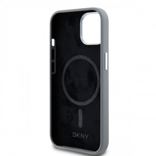 DKNY Liquid Silicone Silver Metal Logo MagSafe Case for iPhone 15 Grey image 4