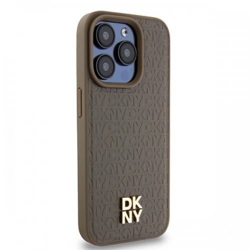 DKNY Leather Monogram Pattern Metal Logo MagSafe Case for iPhone 15 Pro - Brown image 4