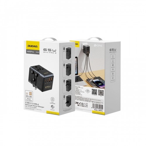 Dudao A65Pro 65W EU | US | JP | AUS | UK travel adapter 2x USB-C 2x USB-A - black image 4