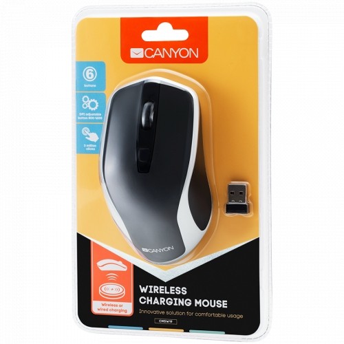 Canyon 2.4GHz Wireless Rechargeable Mouse with Pixart sensor, 6keys, Silent switch for right/left keys,DPI: 800/1200/1600, Max. usage 50 hours for one time full charged, 300mAh Li-poly battery, Black -Silver, cable length 0.6m, 121*70*39mm, 0.103kg image 5