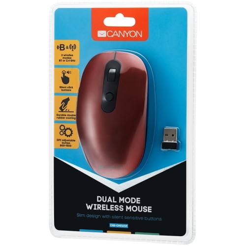 CANYON MW-9 2 in 1 Wireless optical mouse with 6 buttons, DPI 800/1000/1200/1500, 2 mode(BT/ 2.4GHz), Battery AA*1pcs, Red, silent switch for right/left keys, 65.4*112.25*32.3mm, 0.092kg image 5
