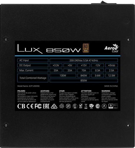 Aerocool LUX850 PC Power Supply 850W 80 Plus Bronze 230V 88% Efficiency Black image 5