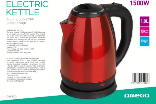 Omega kettle OEK802 1.8l 1500W, red image 5