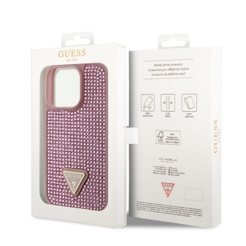 Guess Rhinestones Triangle Metal Logo Case for iPhone 14 Pro Pink image 5