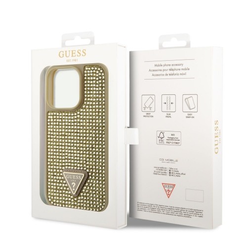 Guess Rhinestones Triangle Metal Logo Case for iPhone 14 Pro Gold image 5