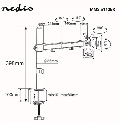 NEDIS MMSIS110BK Galda monitora stiprinājums 15–32"| VESA 75 x 75 / 100 x 100 | 8 kg image 5