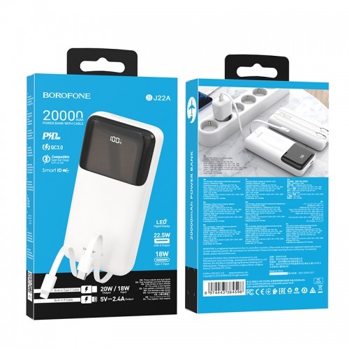OEM Borofone Power Bank 20000mAh BJ22A - USB - PD QC 3.0 22,5W with Type C and Lightning cables white image 5