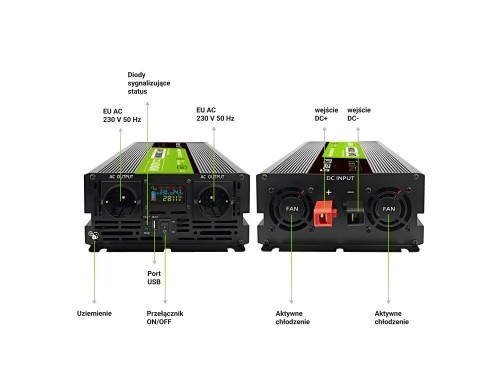 Green Cell Przetwornica napicia PowerInverter LCD 24 V 3000W/60000W Przetwornica samochodowa z wywietlaczem - czysty sinus power adapter/inverter Auto Black image 5