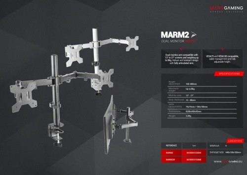 Mars Gaming MARM2W Штатив для 2x мониторов с креплением для стола image 5