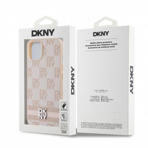 DKNY PU Leather Checkered Pattern and Stripe Case for iPhone 15 Pink image 5